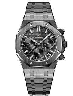 Silver watch with a detailed face on a white background