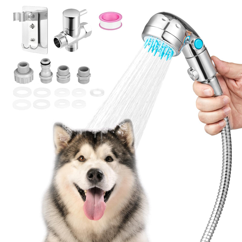 Silver handheld dog shower sprayer with turquoise brush bristles, flexible hose, diverter and adapters, shown rinsing a dog.