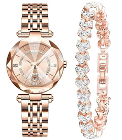 Women Watches with Bracelet Rose Gold for Lady Elegant Stainless Steel Strap Fashion Analog Creative Dial Wrist Watch (Rose Gold)