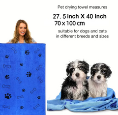 Pet drying towel with dimensions and suitability for dogs and cats.