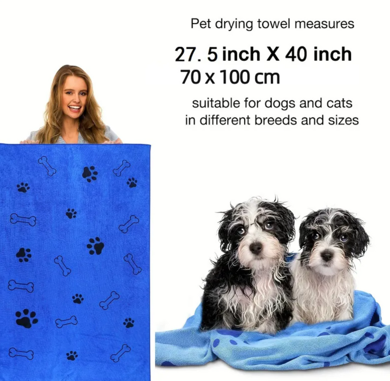 Pet drying towel with dimensions and suitability for dogs and cats.