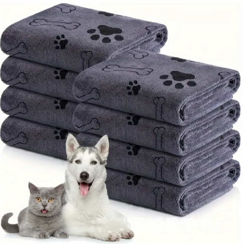 Stack of gray pet towels with bone and paw prints, featuring a cat and dog on a white background.