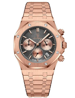 Rose gold watch with a detailed face on a white background