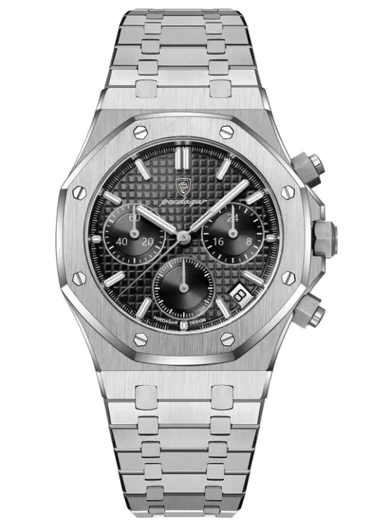 Silver watch with a detailed black face on a white background