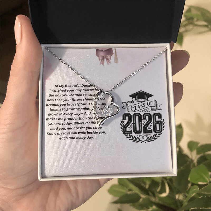 Heart‑shaped silver necklace in a gift box with a Class of 2026 graduation message for a daughter