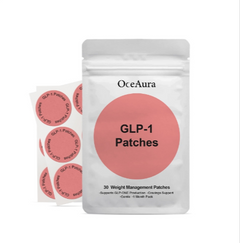 OceAura GLP-1 Patches packaging with pink round labels on a white background