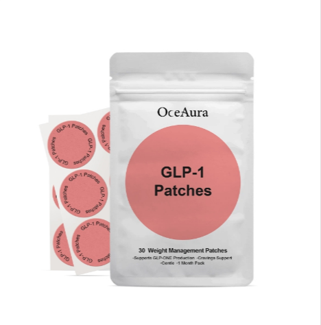 OceAura GLP-1 Patches packaging with pink round labels on a white background